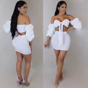 White Off Shoulder W/Skirt Two Piece